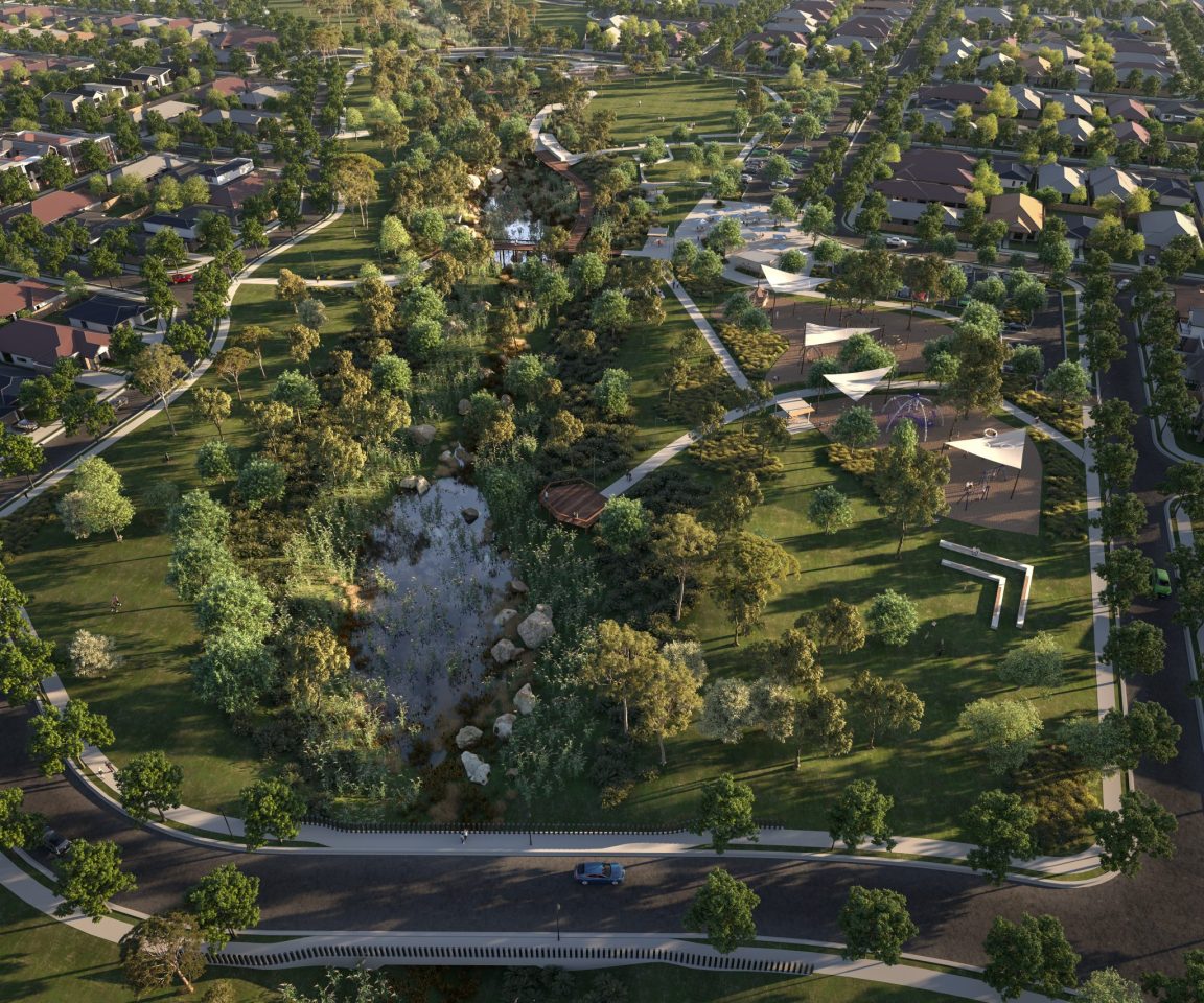 Waterlea features a central parkland as part of its environmental and recreational focus.