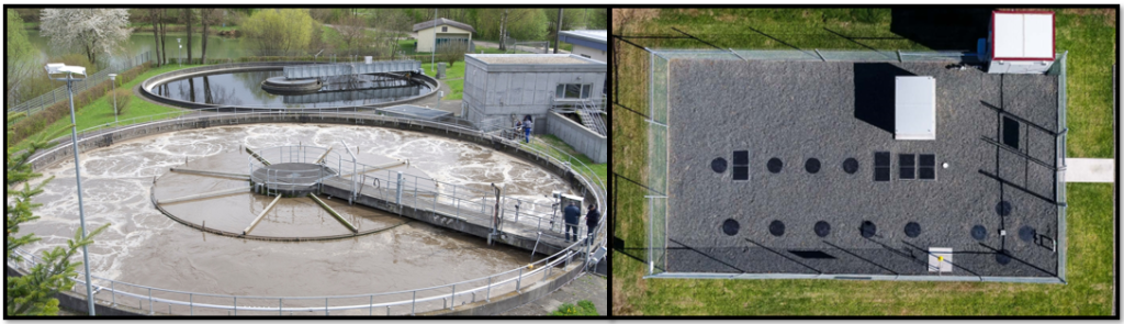A traditional municipal sewage treatment plant and a True Water wastewater management system.