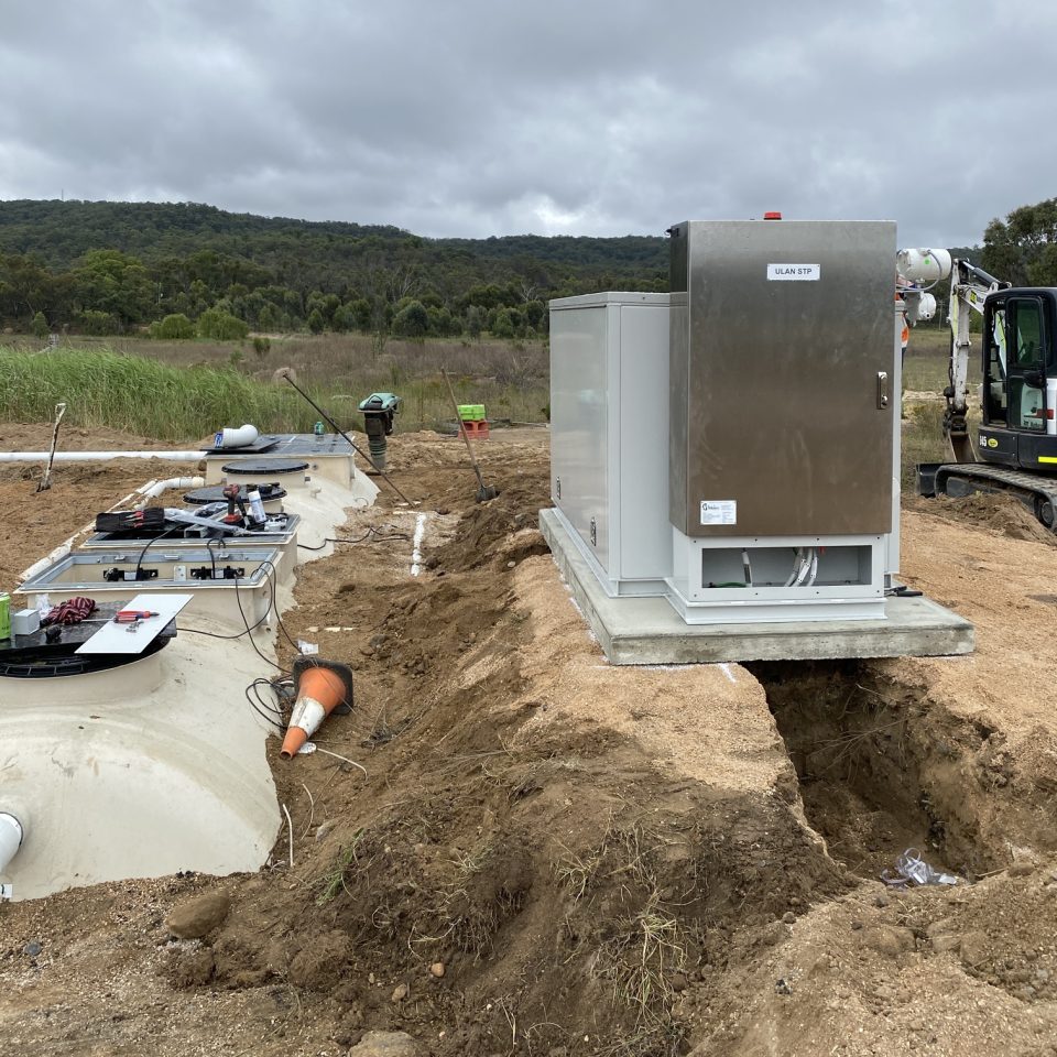 The Kubota treatment plant, Control Box and blower housing were installed above the natural ground height to combat a high water table and a tendency for pooling surface water after rain events.
