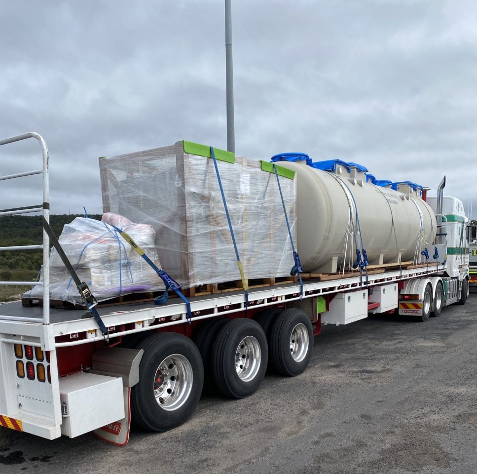 Components of True Water's premanufactured wastewater treatment system being delivered to the Ulan mine site.