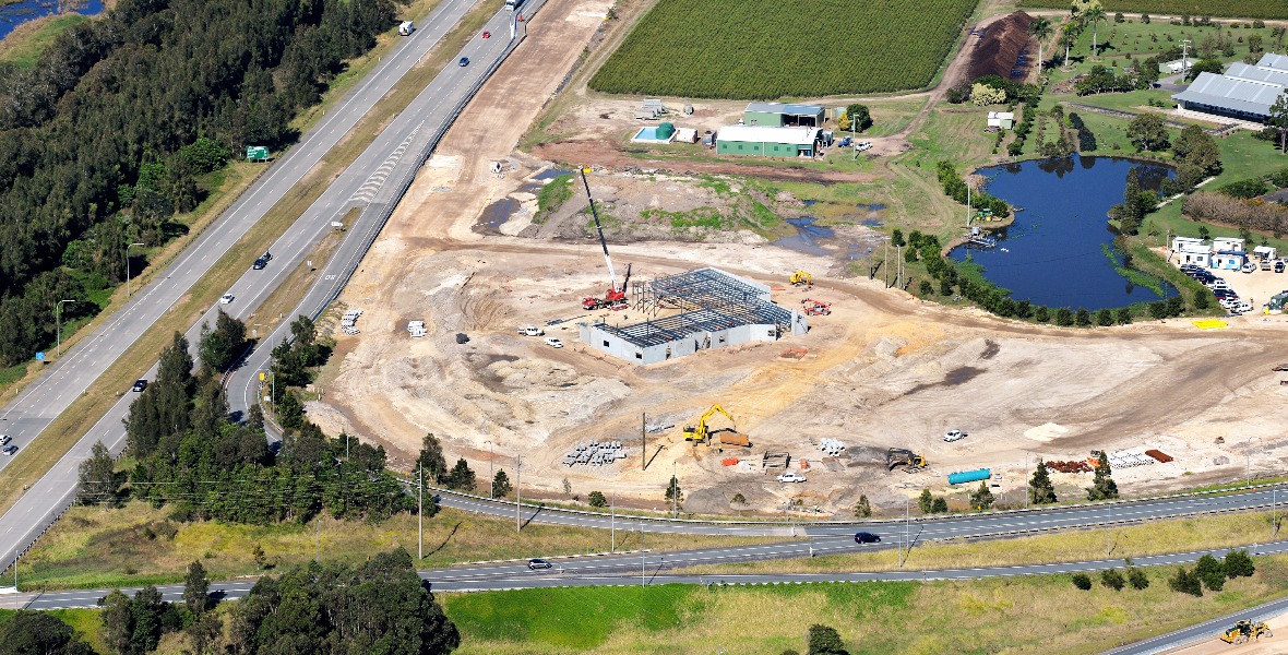 Aerial view of construction underway at the Chinderah Service Centre