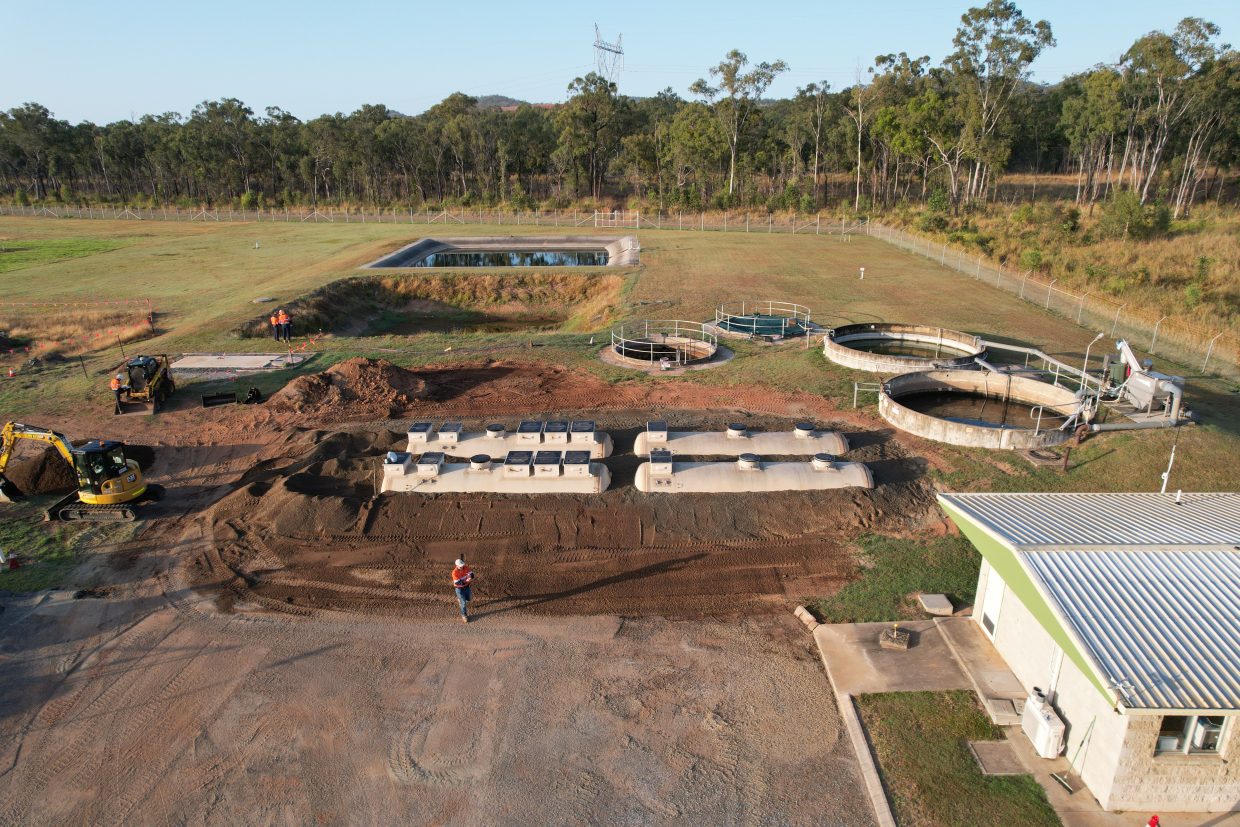Aerial view showing progress of Kubota membrane treatment modules at the Yarwun Wastewater Treatment Plant