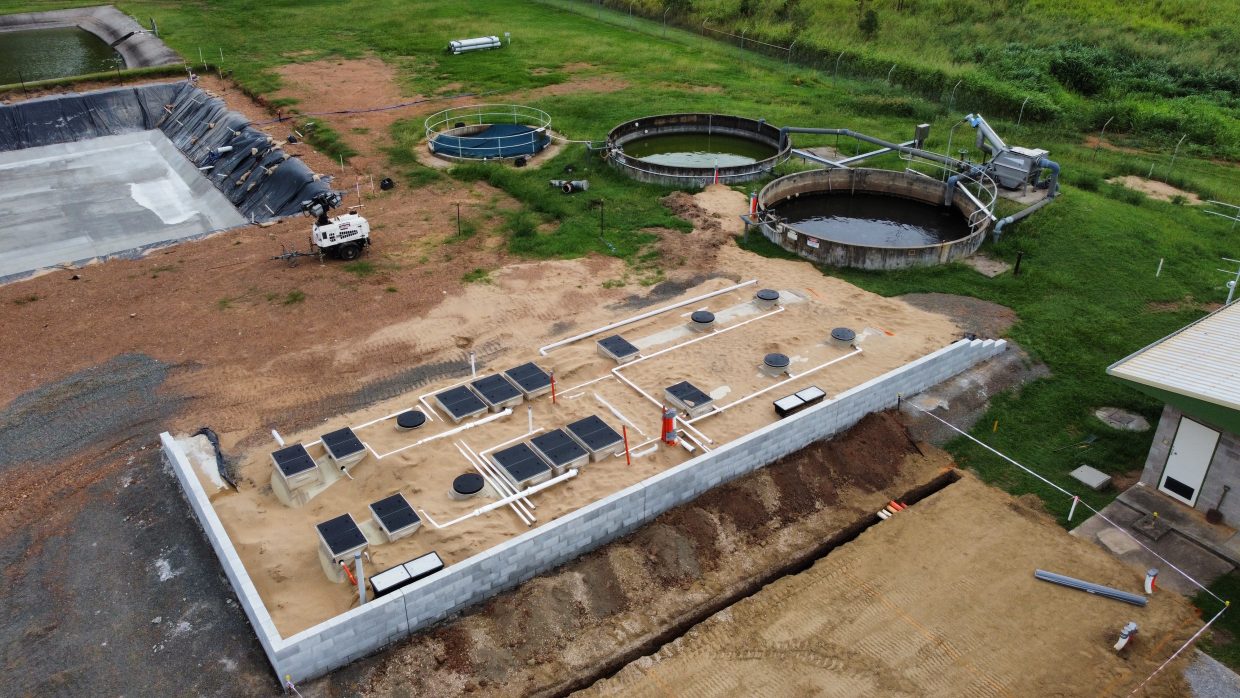 This aerial view shows the installed Kubota MBR treatment chain installed and connected before being backfilled and dressed.