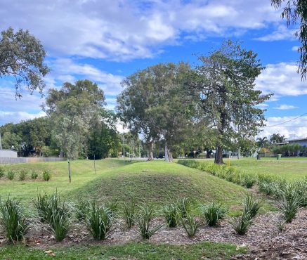 The effluent dispersal area includes engineered mounds, surface spray irrigation and landscaping designed for increased evapotranspiration.