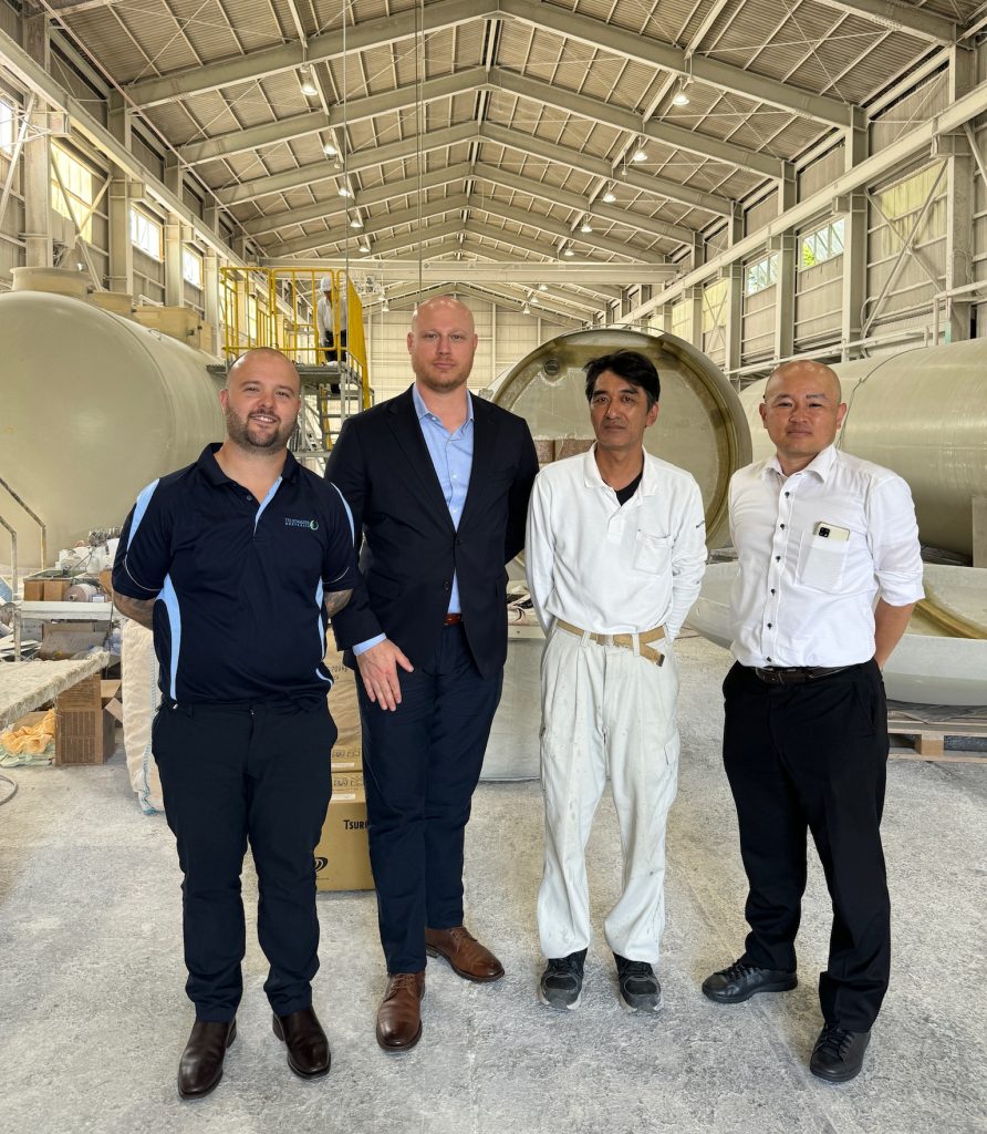 Team members from True Water visit a Kubota factory in Japan as part of their wastewater partnership.