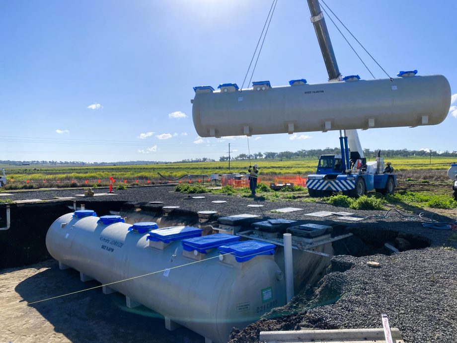 Wastewater treatment tanks are installed with crane.