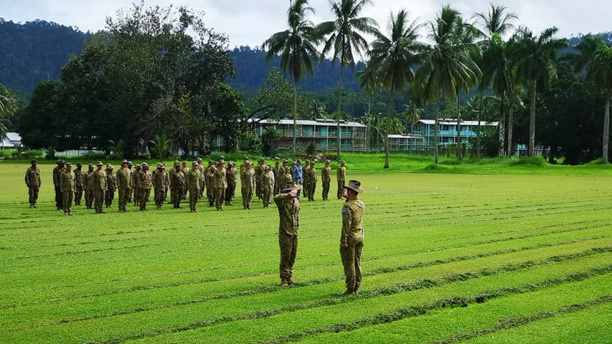 Members of the PNG Defence Force Engineer Battalion, Australian Army and Australian Air Force on the parade ground at the Igam Barracks in Lae.