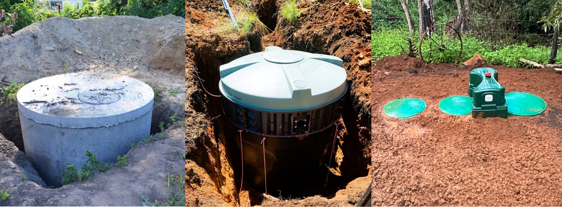 Three types of wastewater systems side-by-side. Concrete septic tank, Polymer septic tank and a Household Sewage Treatment Plant (HSTP).